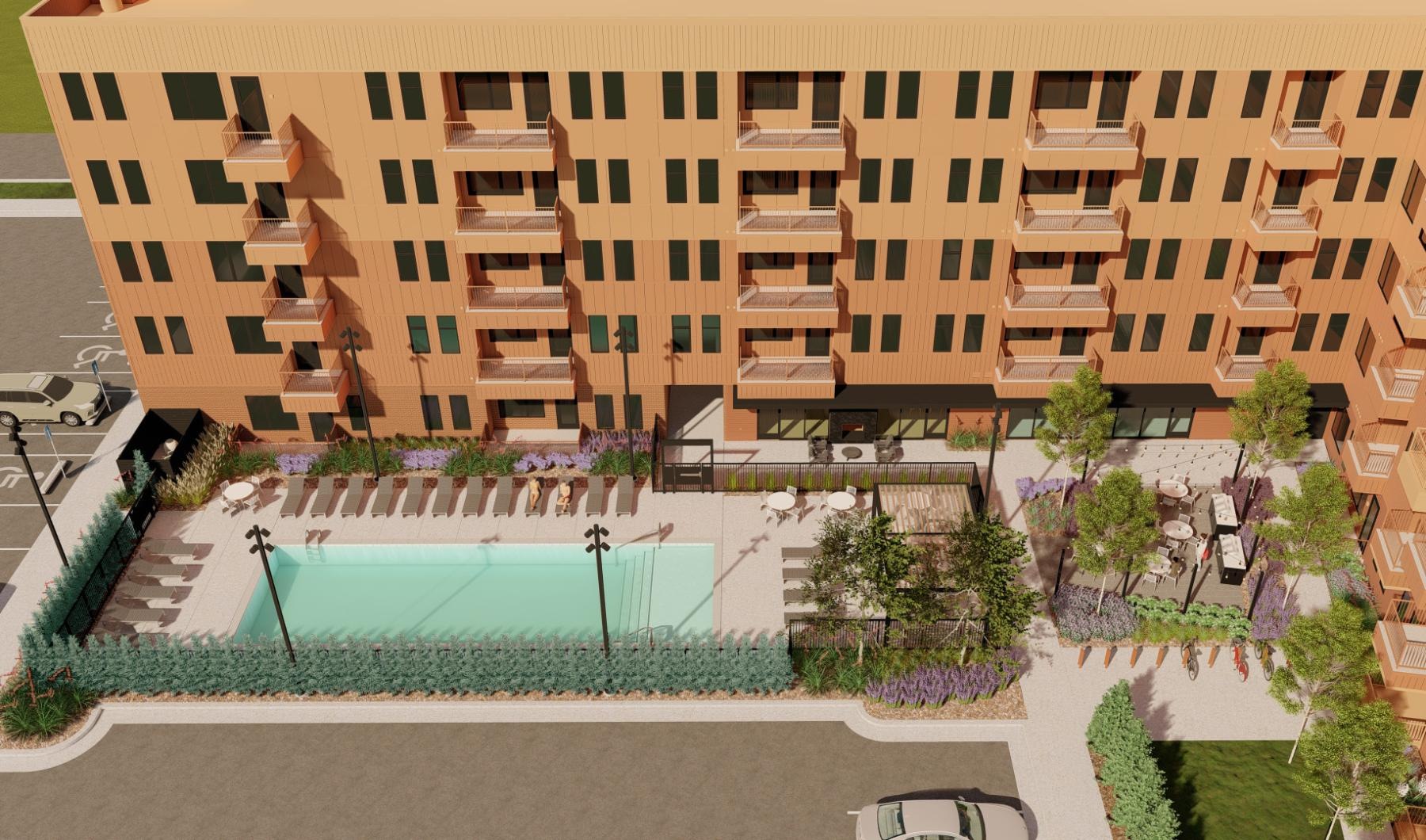 Sparkling swimming pool a building with a pool and trees