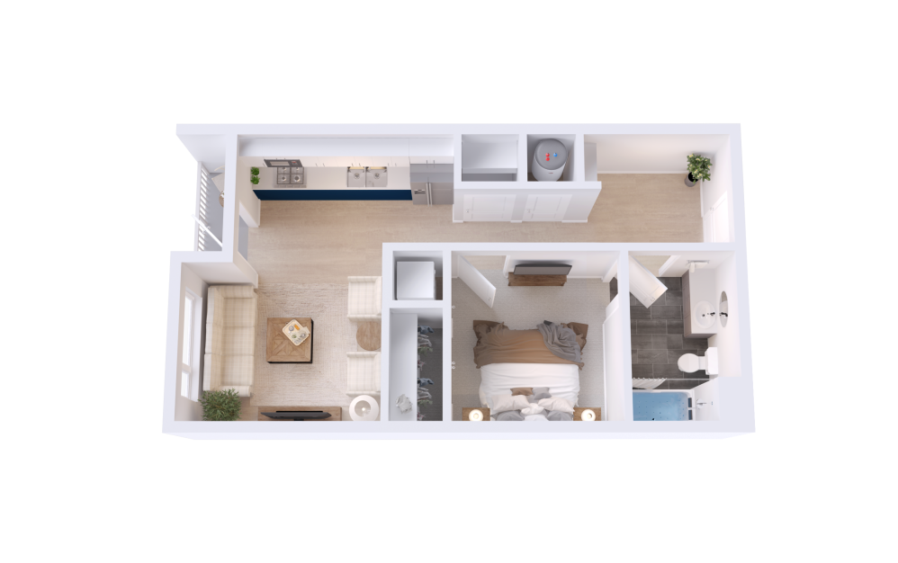 A2 - 1 bedroom floorplan layout with 1 bathroom and 576 square feet (3D)