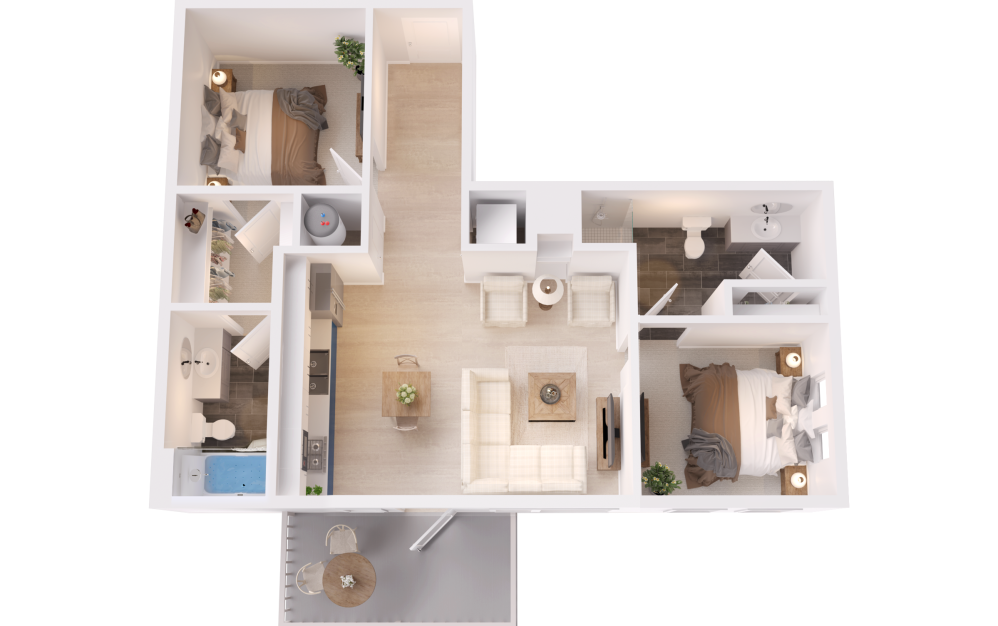 B1 - 2 bedroom floorplan layout with 2 bathrooms and 835 square feet (3D)