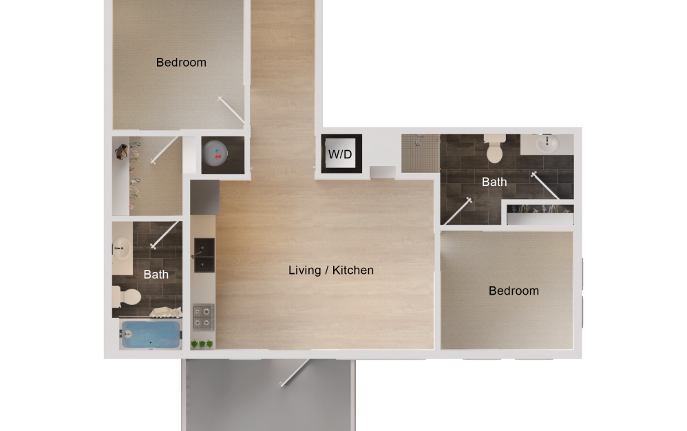 B1 - 2 bedroom floorplan layout with 2 bathrooms and 835 square feet (2D)