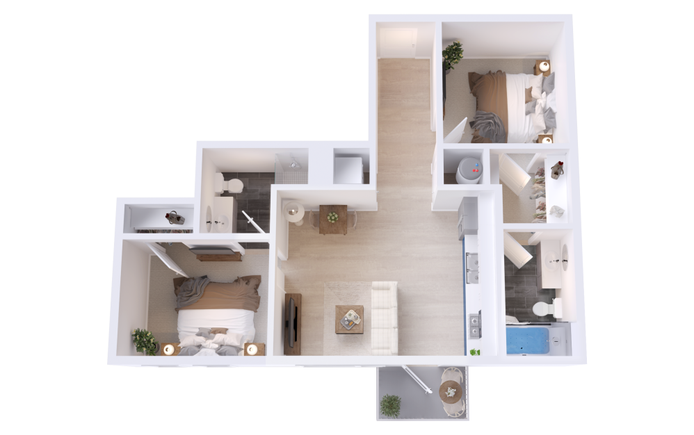 B2 - 2 bedroom floorplan layout with 2 bathrooms and 835 square feet (3D)