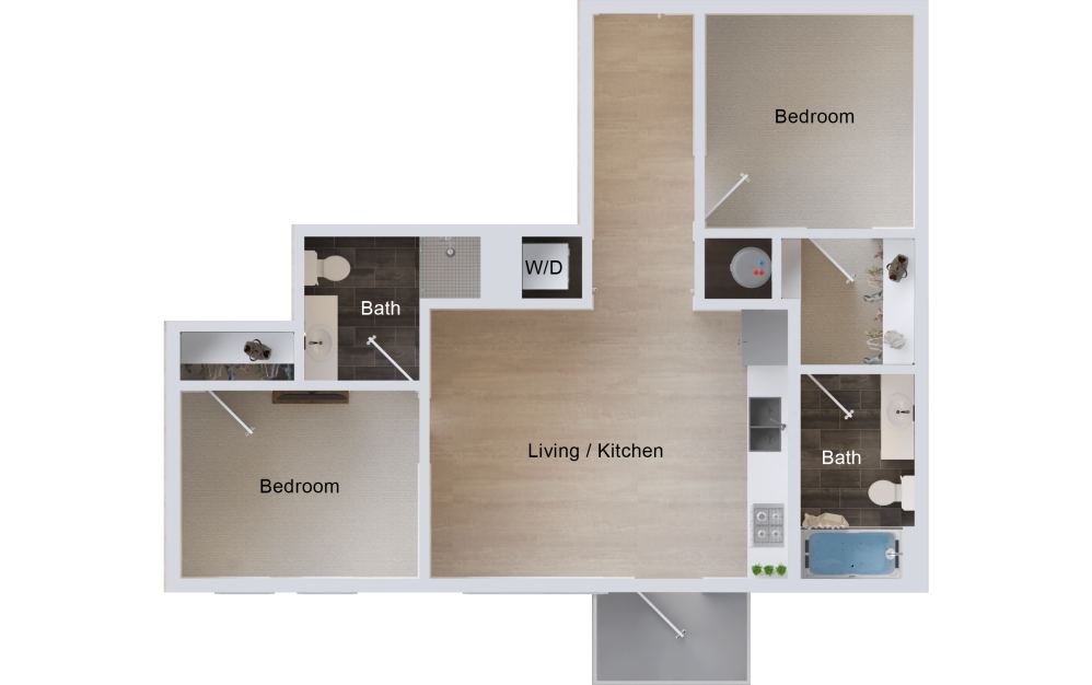 B2 - 2 bedroom floorplan layout with 2 bathrooms and 835 square feet (2D)
