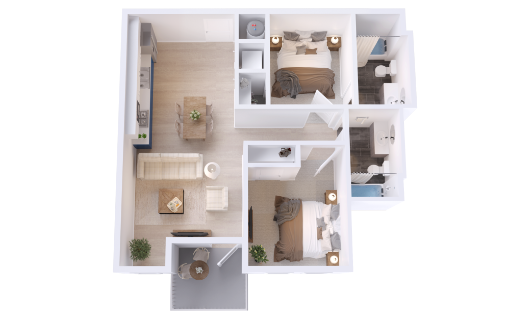 B3 - 2 bedroom floorplan layout with 2 bathrooms and 872 square feet (3D)