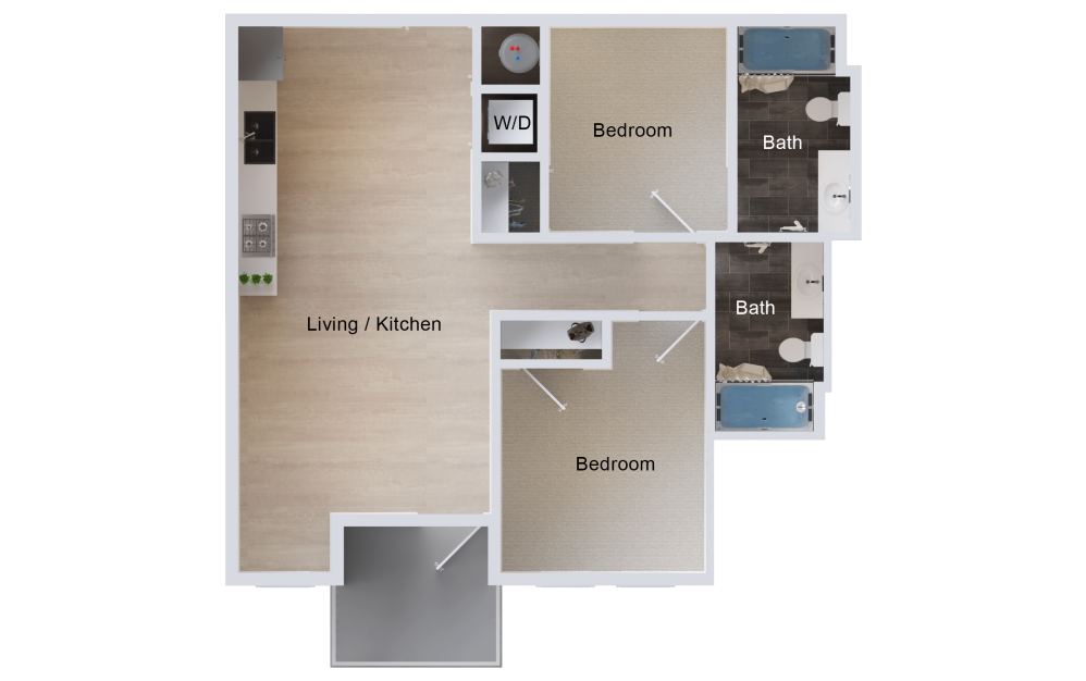 B3 - 2 bedroom floorplan layout with 2 bathrooms and 872 square feet (2D)