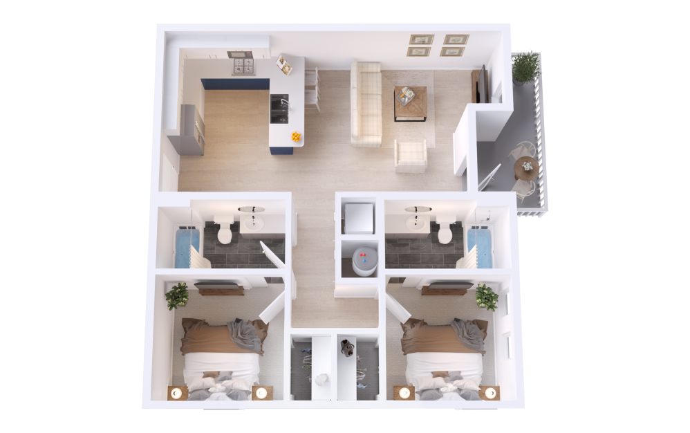 B4 - 2 bedroom floorplan layout with 2 bathrooms and 873 square feet (3D)