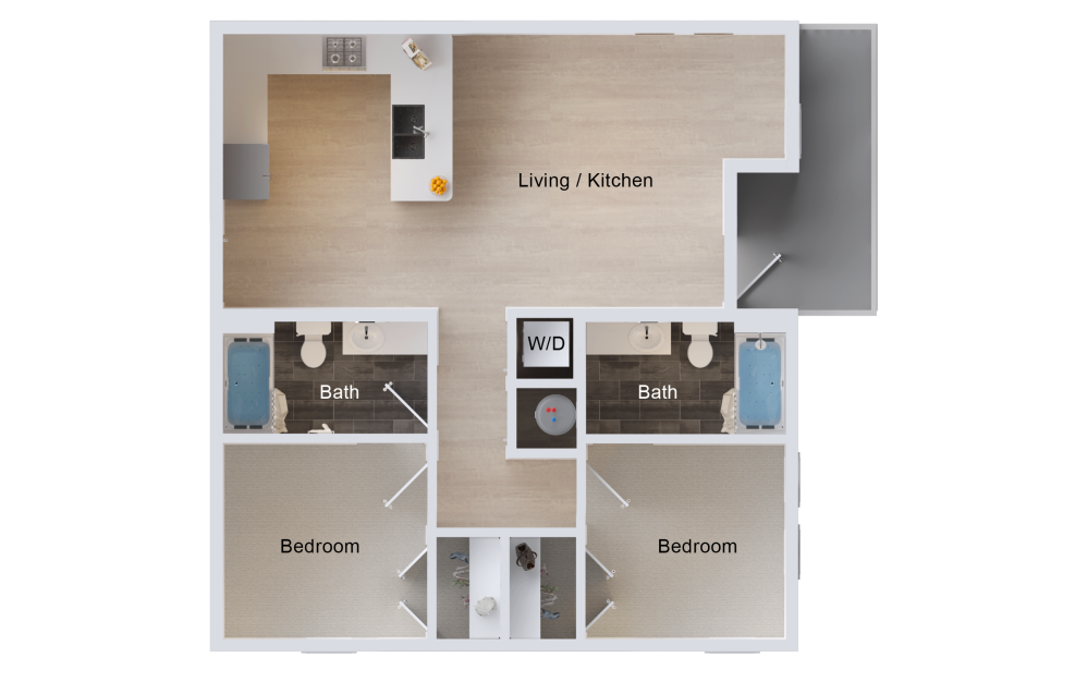 B4 - 2 bedroom floorplan layout with 2 bathrooms and 873 square feet (2D)