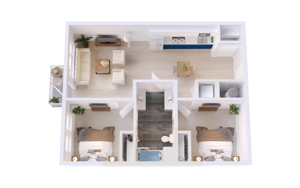 B5 - 2 bedroom floorplan layout with 1 bathroom and 878 square feet (3D)