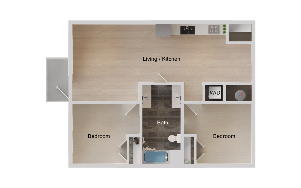 B5 - 2 bedroom floorplan layout with 1 bathroom and 878 square feet (2D)