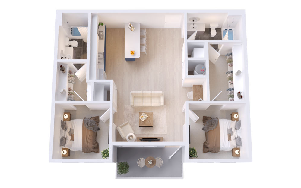 B6 - 2 bedroom floorplan layout with 2 bathrooms and 973 square feet (3D)