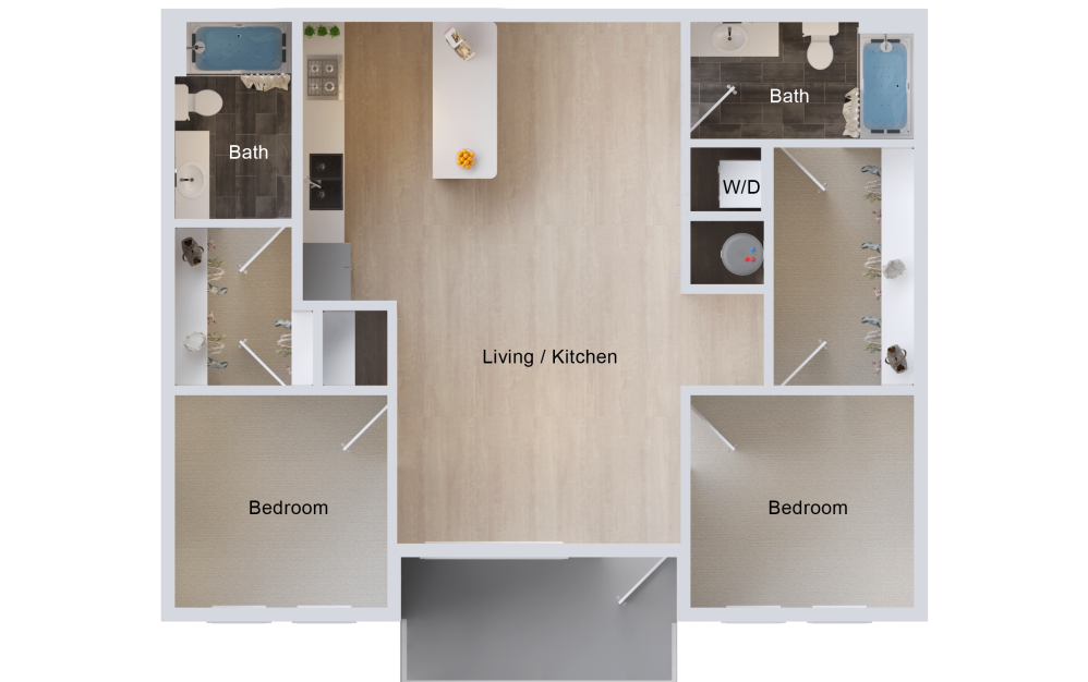 B6 - 2 bedroom floorplan layout with 2 bathrooms and 973 square feet (2D)