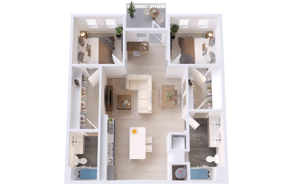 B7 - 2 bedroom floorplan layout with 2 bathrooms and 986 square feet (3D)