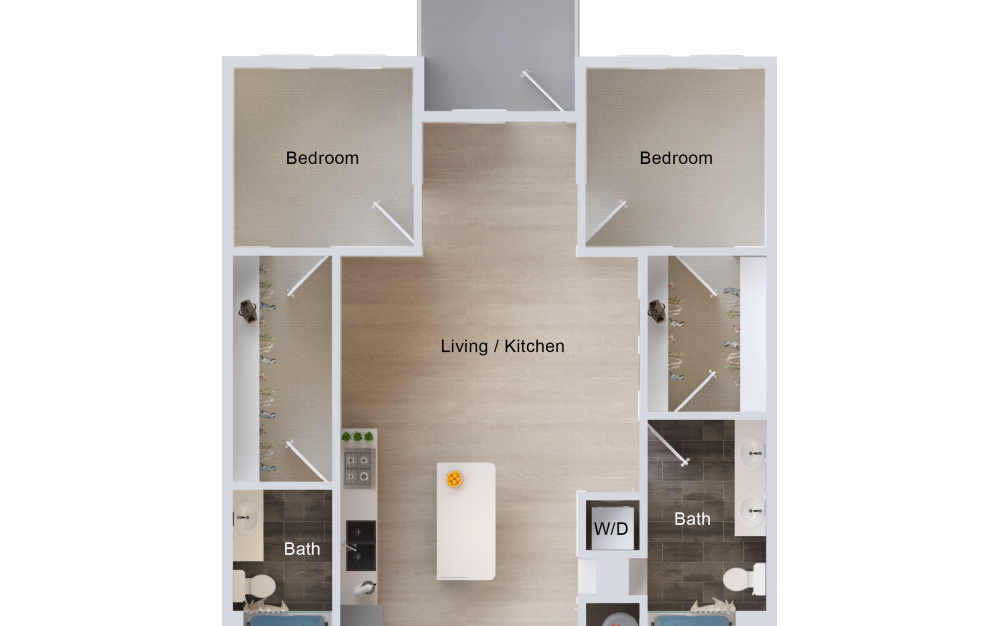 B7 - 2 bedroom floorplan layout with 2 bathrooms and 986 square feet (2D)