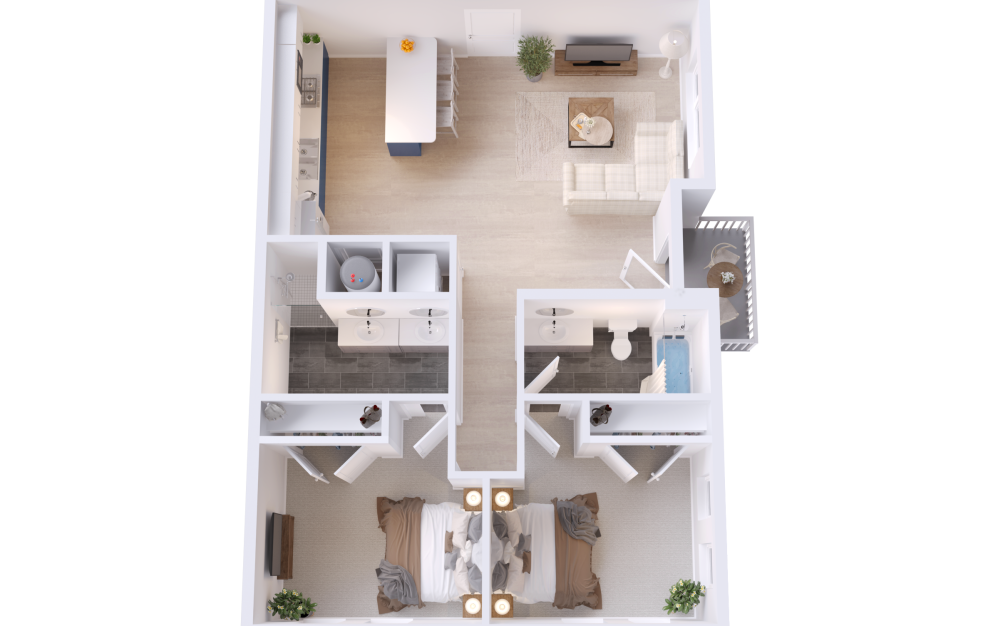 B8 - 2 bedroom floorplan layout with 2 bathrooms and 995 square feet (3D)