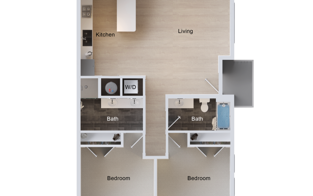 B8 - 2 bedroom floorplan layout with 2 bathrooms and 995 square feet (2D)