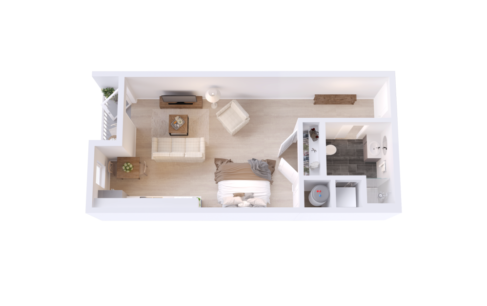 S2 - Studio floorplan layout with 1 bathroom and 491 square feet (3D)