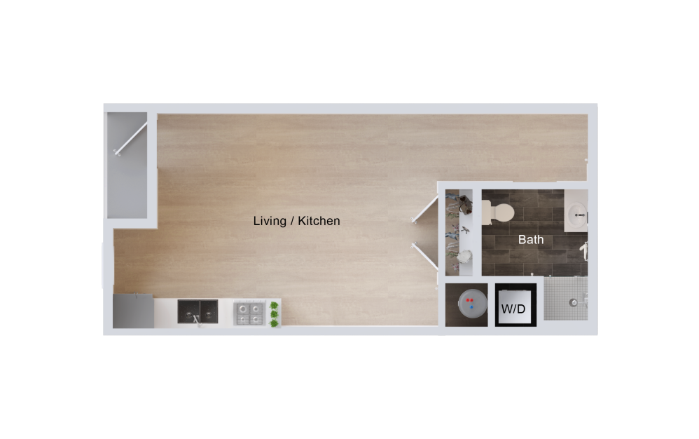 S2 - Studio floorplan layout with 1 bathroom and 491 square feet (2D)